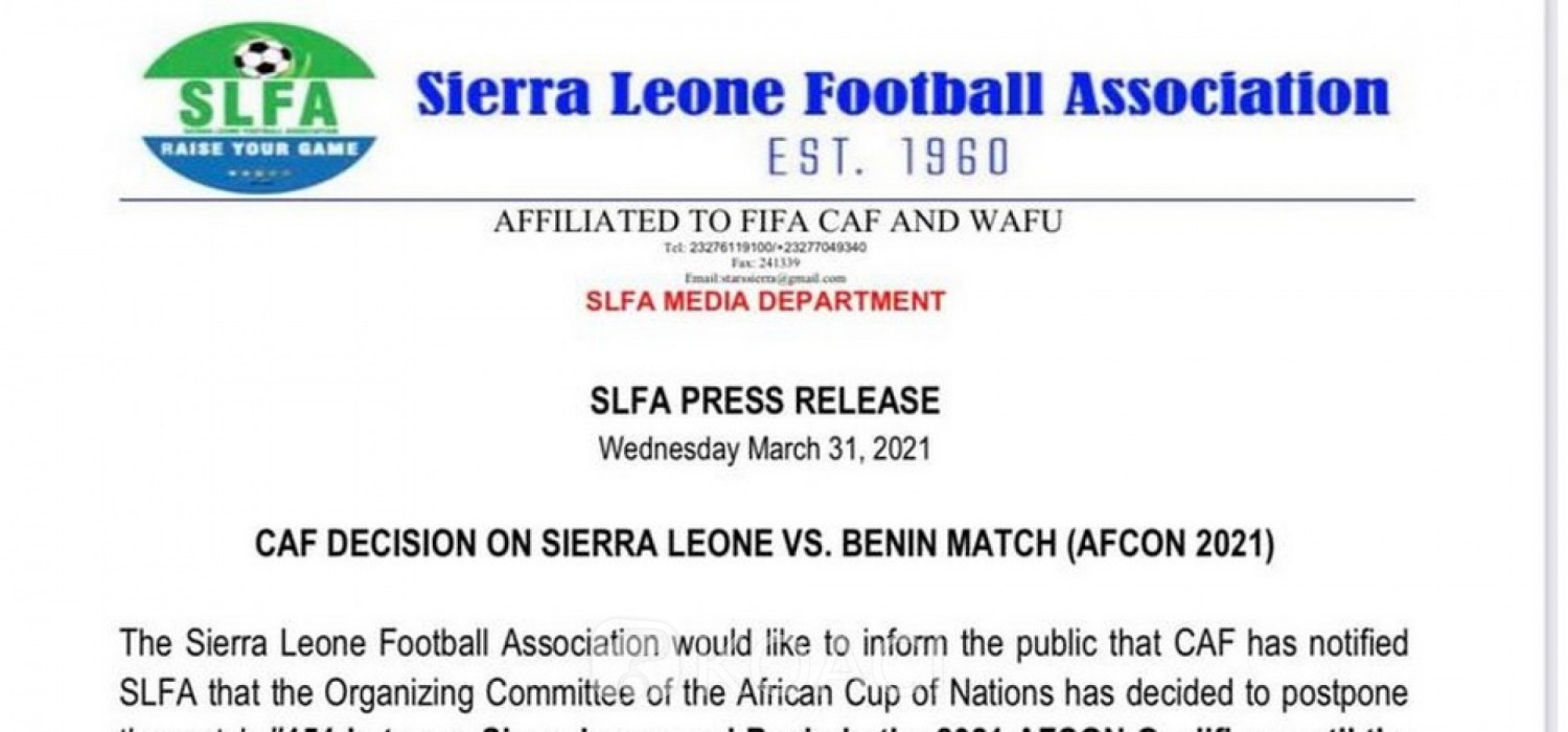 Sierra Leone :  Appel de la SLFA sur le report du match Sierra Leone-Bénin