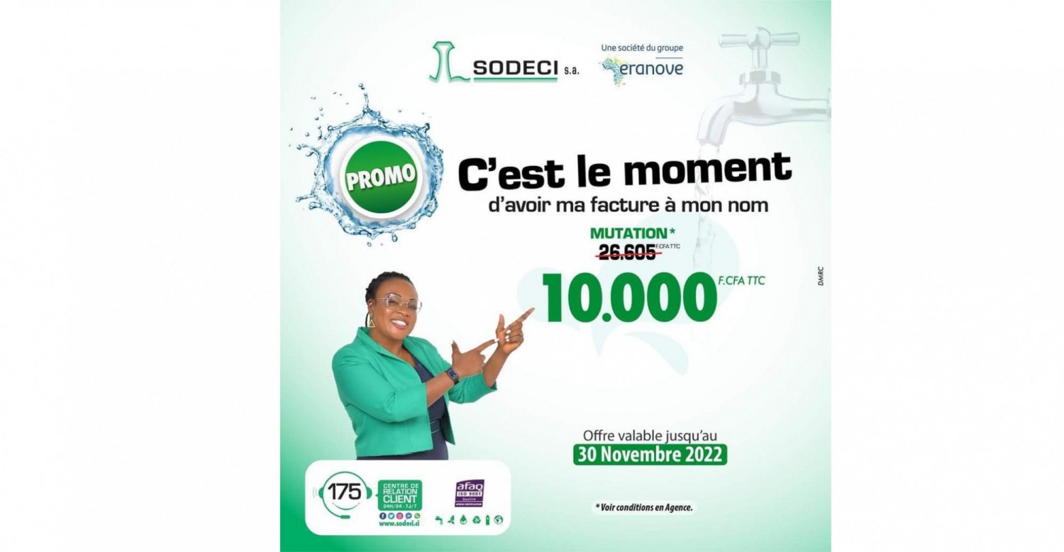 Côte d'Ivoire : Promotion sur la mutation qui passe de 26.605 F.CFA à 10.000 F.CFA TTC  à la Sodeci