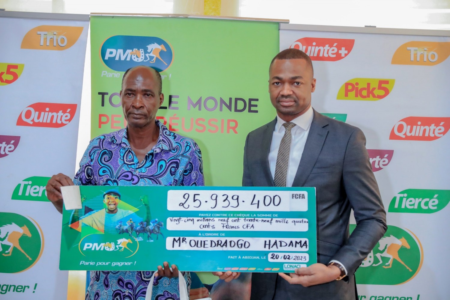 Côte d'Ivoire :    Vainqueur de l'ordre du Quinté du 13 février dernier, Ouédraogo Hadama a reçu son chèque de 25.939.400 FCFA, la LONACI le Grand prix d'Afrique qui se jouera le samedi à Marrakech