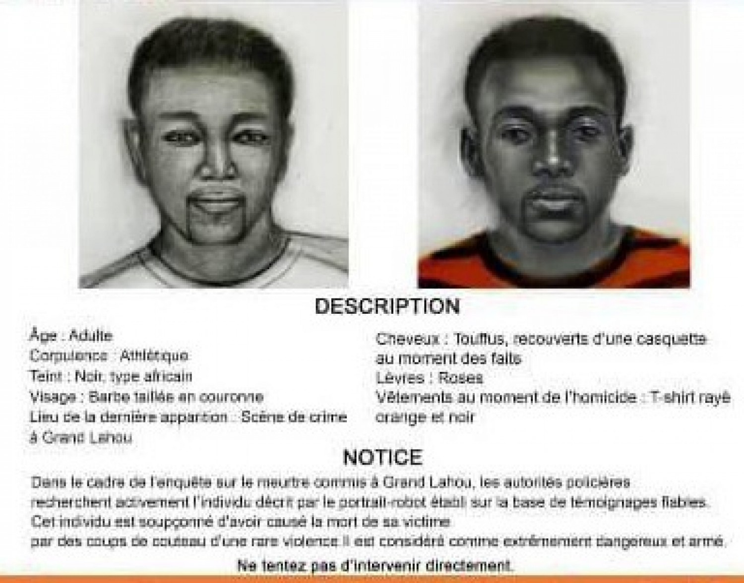 Côte d'Ivoire : Directrice d'école assassinée à Grand-Lahou, la Police établit le portrait-robot du meurtrier présumé et lance un appel à témoin