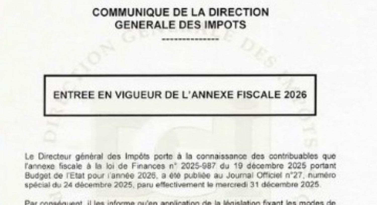 Côte d'Ivoire : Annexe Fiscale 2026, les mesures ont pris effet depuis le lundi 5 janvier