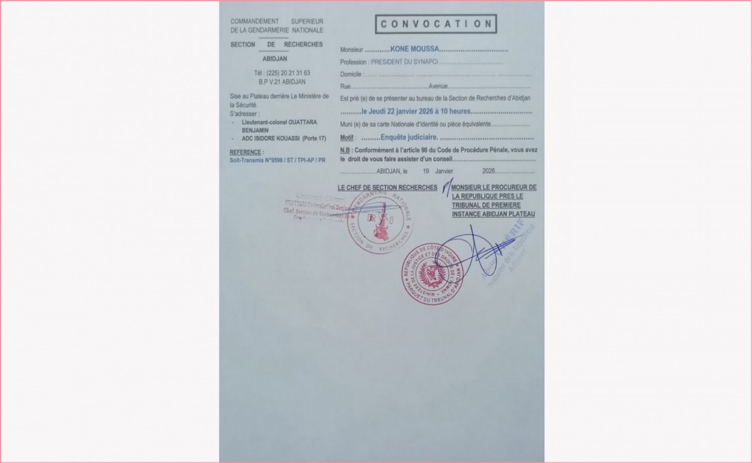 Côte d'Ivoire : Koné Moussa, président du SYNAPCI, convoqué par la gendarmerie dans une affaire liée au blocage du cacao