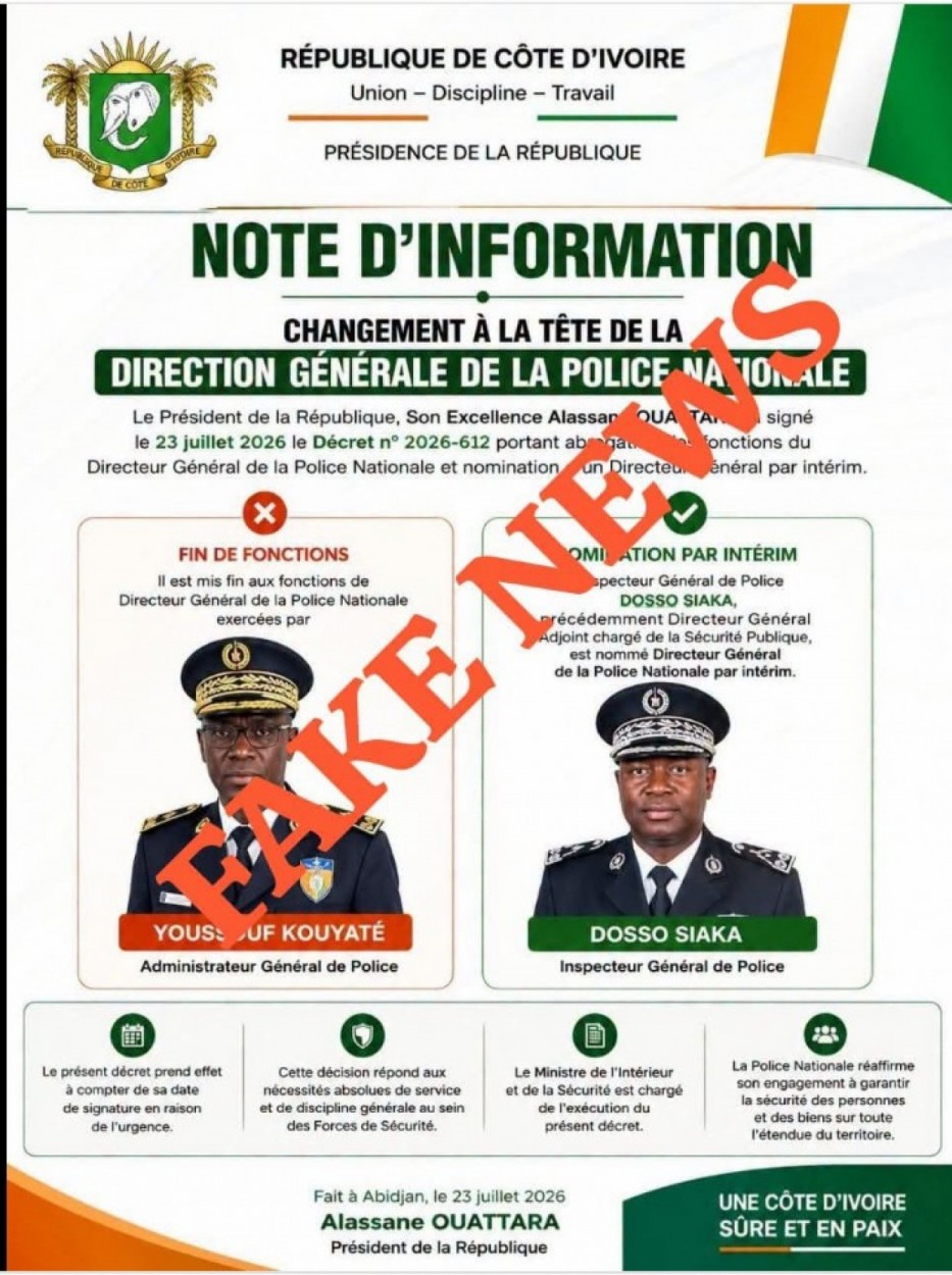 Côte d'Ivoire : « Affaire nomination d'un DG par intérim de la Police Nationale », recherches pour retrouver les auteurs