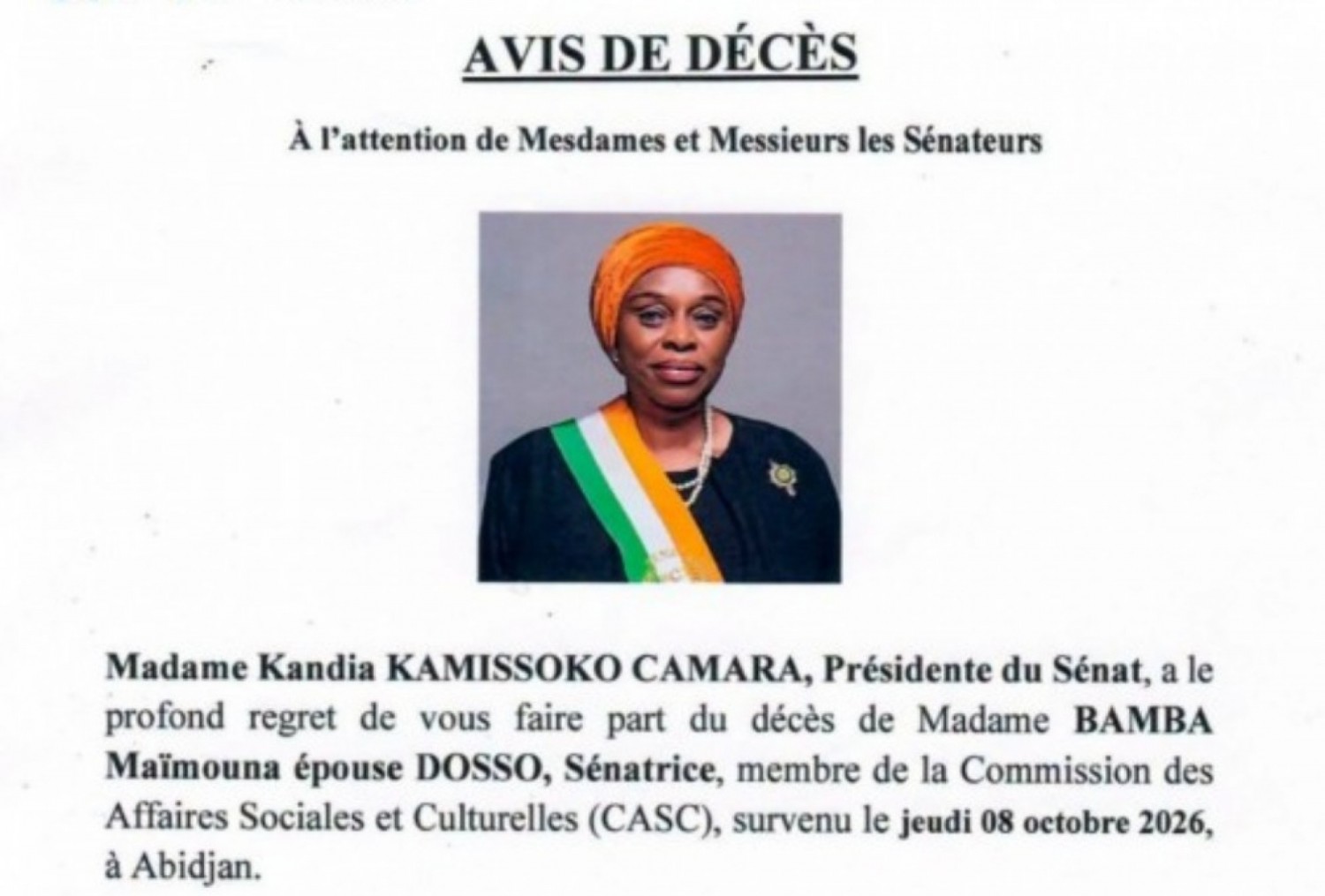 Côte d'Ivoire : Le Sénat en deuil après le décès de la sénatrice Maïmouna Bamba épouse Dosso