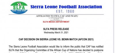 Sierra Leone :  Appel de la SLFA sur le report du match Sierra Leone-Bénin