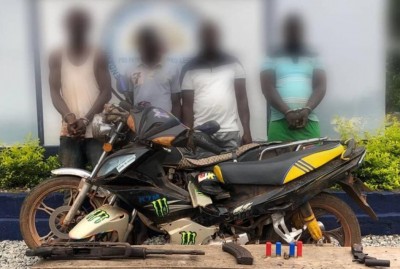 Côte d'Ivoire : Quatre individus dont un repris de justice  suspectés de braquage interpellés par la gendarmerie, armes et munitions saisies