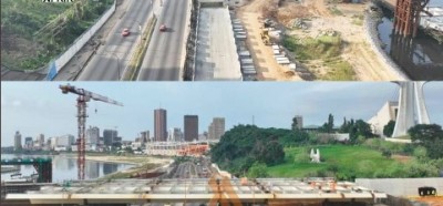 Côte d'Ivoire : Pont de Cocody, pose des voussoirs qui traversent le désormais le boulevard lagunaire