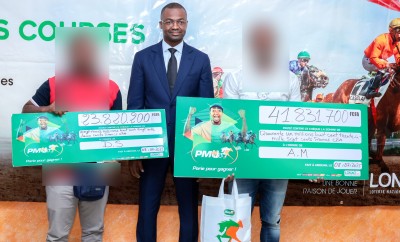 Côte d'Ivoire : LONACI, deux heureux gagnants du PMU reçoivent des chèques d'un montant cumulé de plus de 65 millions Fcfa