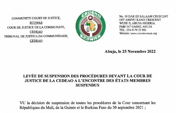 Cedeao : Levée de la suspension des procédures pendantes devant la Cour de Justice pour le Mali, la Guinée et le Burkina Faso