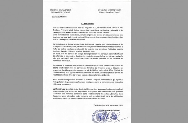 Côte d'Ivoire : Affaire de vol d'imprimés de casier judiciaire et de certificat de nationalité, communiqué du Ministère de la Justice