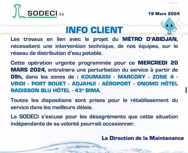 Côte d'Ivoire : Perturbation de la desserte en eau potable due aux travaux du Metro ce mercredi 20 mars à partir de 9h00