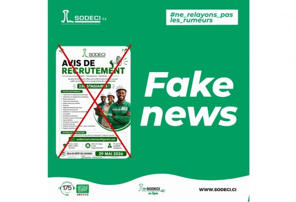 Côte d'Ivoire : Usurpation de l'image de la SODECI: une fausse offre de recrutement ressurgi...