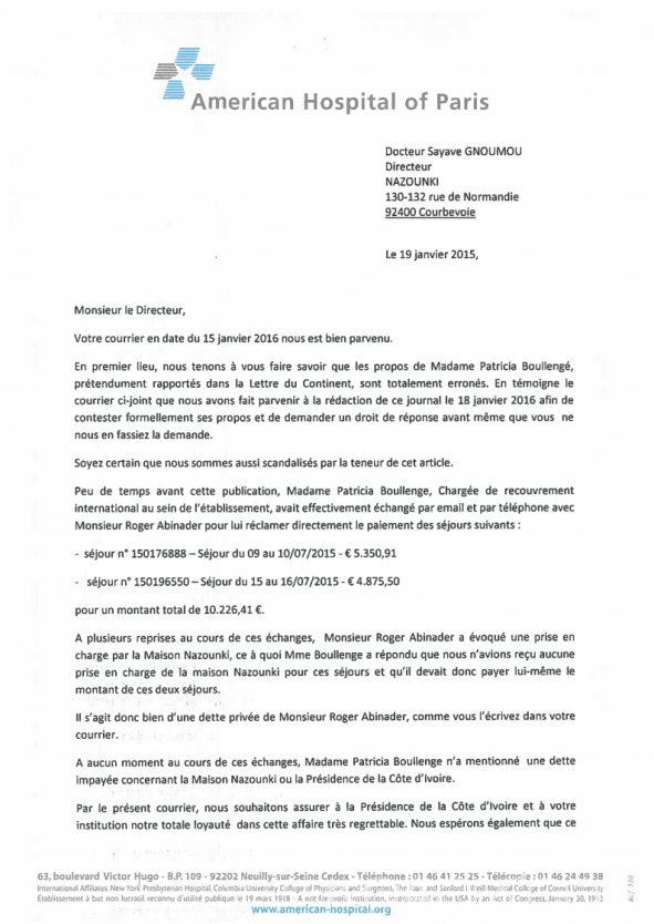 Koacinaute: Affaire des impayés de la présidence ivoirienne à  l'hôpital américain de NEUILLY-FRANCE: «La lettre du continent»  s'est-il encore une fois fourvoyé?