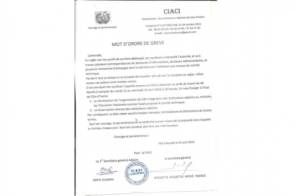 Côte d'Ivoire: Les instituteurs adjoints en grève de 48 heures à  compter du 12 avril pour exiger un meilleur profil de carrière
