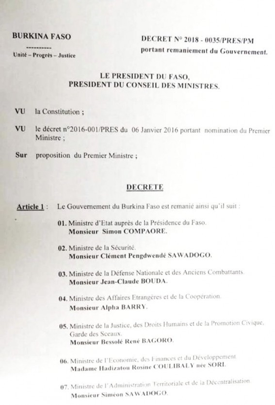 Burkina Faso: Nouveau gouvernement de 33 membres