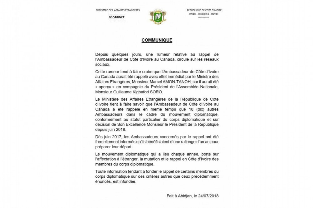 Côte d'Ivoire: Communiqué ministère des affaires étrangères diffusé à  la demande de l'ANP