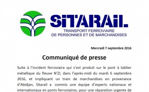 Côte d'Ivoire: Incident ferroviaire sur le pont à  tablier métallique du fleuve N'ZI, communiqué de Sitarail